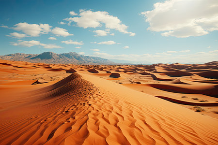 sandy desert landscape. Picture undulating dunes stretching endlessly beneath the boundless sky, illuminated by the warm hues of the setting sun.の素材