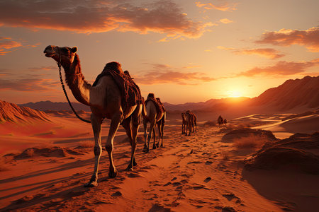 sandy desert landscape. Picture undulating dunes stretching endlessly beneath the boundless sky, illuminated by the warm hues of the setting sun.の素材