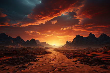 sandy desert landscape. Picture undulating dunes stretching endlessly beneath the boundless sky, illuminated by the warm hues of the setting sun.の素材