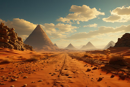 sandy desert landscape. Picture undulating dunes stretching endlessly beneath the boundless sky, illuminated by the warm hues of the setting sun.の素材
