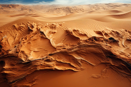 sandy desert landscape. Picture undulating dunes stretching endlessly beneath the boundless sky, illuminated by the warm hues of the setting sun.の素材