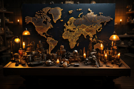 a scene of individuals engaged in strategic planning for a world war on a mapの素材