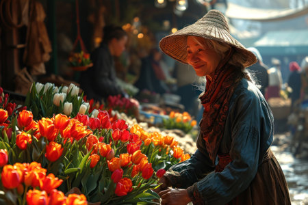 The woman, adorned in a stylish apron, stands behind a counter overflowing with an array of fresh tulips.の素材