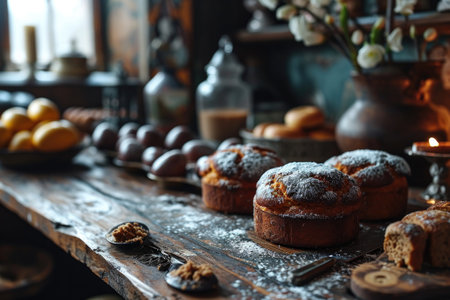 festive Easter scene with cakes and eggs set against the backdrop of a charming church.の素材