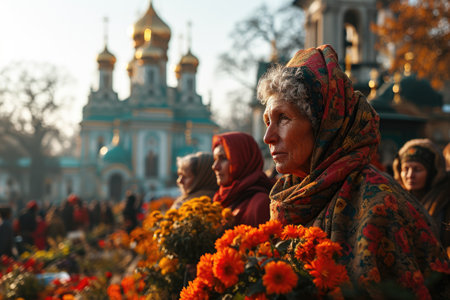 Orthodox people gathered near a resplendent church during Easter celebrations. .の素材