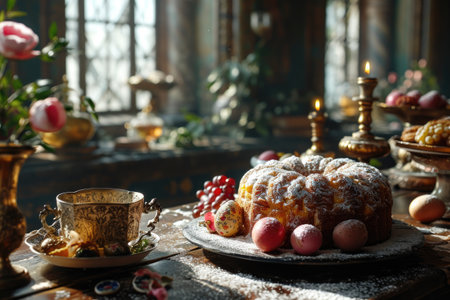 festive Easter scene with cakes and eggs set against the backdrop of a charming church.の素材