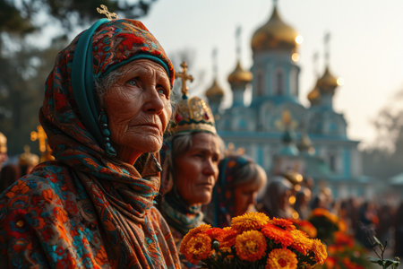 Orthodox people gathered near a resplendent church during Easter celebrations. .の素材