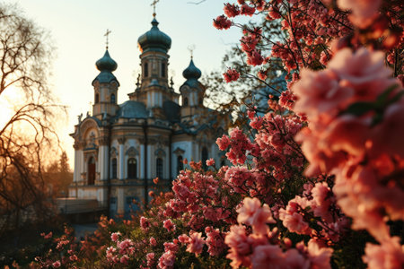 festive Easter scene with cakes and eggs set against the backdrop of a charming church.の素材