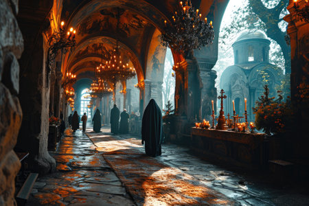 Orthodox people gathered near a resplendent church during Easter celebrations. .の素材