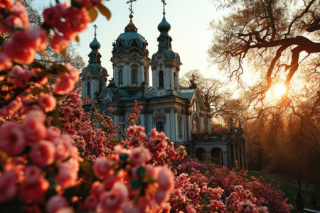 festive Easter scene with cakes and eggs set against the backdrop of a charming church.の素材