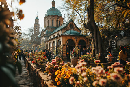 Orthodox people gathered near a resplendent church during Easter celebrations. .の素材