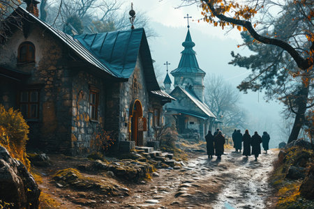 Orthodox people gathered near a resplendent church during Easter celebrations. .の素材