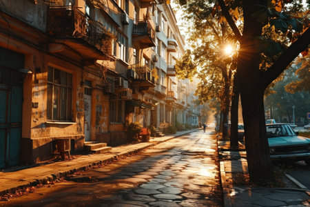 an image capturing the essence of Soviet urban life in the 1980s, focusing on buildings, streets, and courtyards.の素材