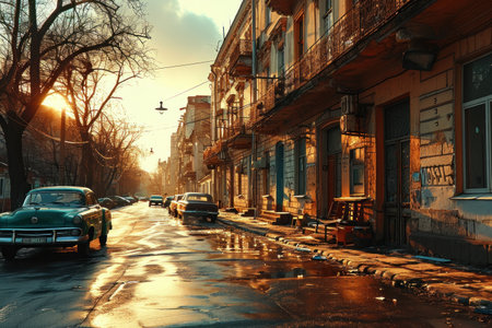 an image capturing the essence of Soviet urban life in the 1980s, focusing on buildings, streets, and courtyards.の素材