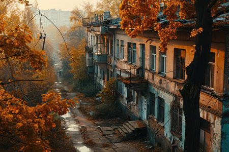 an image capturing the essence of Soviet urban life in the 1980s, focusing on buildings, streets, and courtyards.の素材