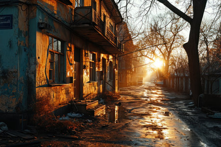an image capturing the essence of Soviet urban life in the 1980s, focusing on buildings, streets, and courtyards.の素材