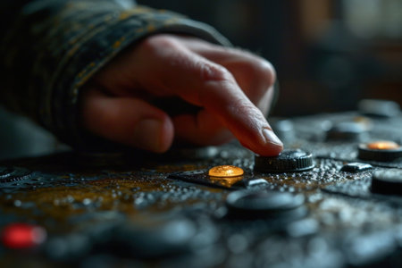 close-up scene where a thumb is delicately pressing on a button that symbolizes control over the world.の素材