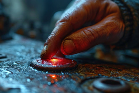 close-up scene where a thumb is delicately pressing on a button that symbolizes control over the world.の素材