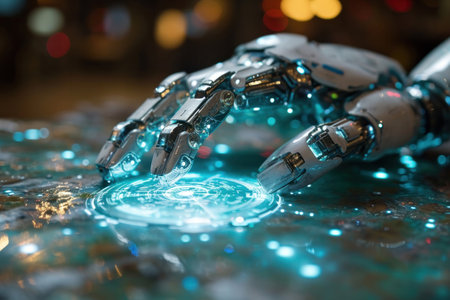 close-up scene where a robotic thumb is delicately pressing on a button that symbolizes control over the world.の素材