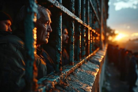 close-up of a prisoner behind bars in jail.の素材
