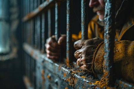 close-up of a prisoner behind bars in jail.の素材