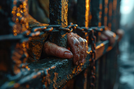 close-up of a prisoner behind bars in jail.の素材