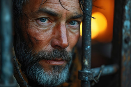 close-up of a prisoner behind bars in jail.の素材
