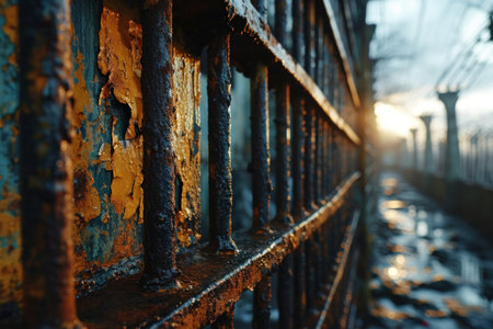 close-up of a prisoner behind bars in jail.の素材