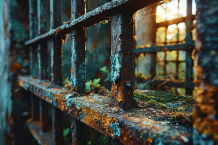 close-up of a prisoner behind bars in jail.の素材