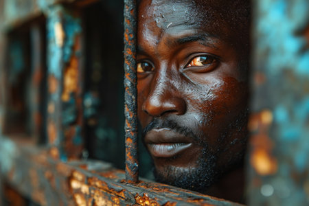 close-up of a prisoner behind bars in jail.の素材