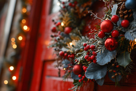 a close-up view of a door adorned with a Christmas wreath.の素材