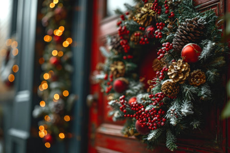 a close-up view of a door adorned with a Christmas wreath.の素材