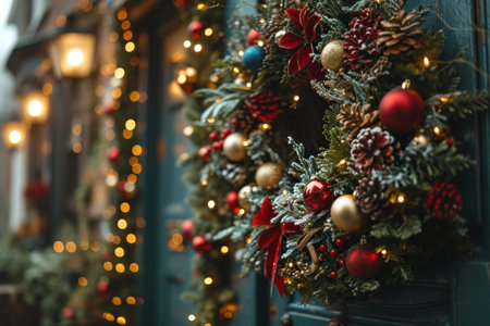 a close-up view of a door adorned with a Christmas wreath.の素材