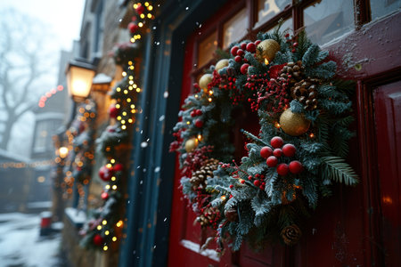 a close-up view of a door adorned with a Christmas wreath.の素材