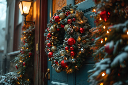 a close-up view of a door adorned with a Christmas wreath.の素材