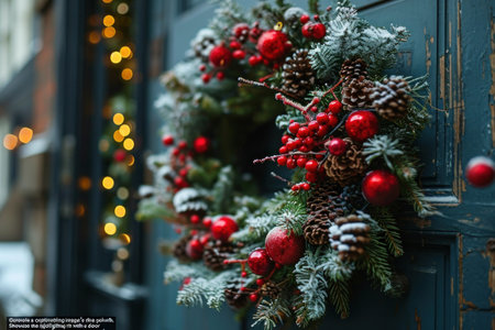 a close-up view of a door adorned with a Christmas wreath.の素材