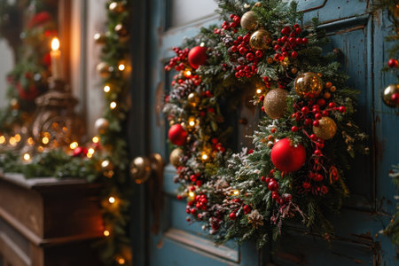 a close-up view of a door adorned with a Christmas wreath.の素材