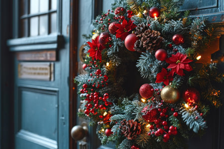 a close-up view of a door adorned with a Christmas wreath.の素材