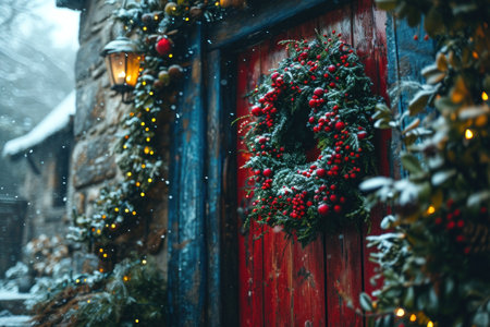 a close-up view of a door adorned with a Christmas wreath.の素材
