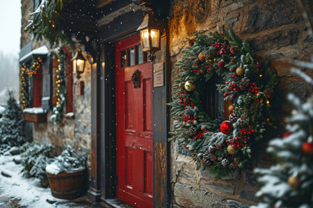 a close-up view of a door adorned with a Christmas wreath.の素材