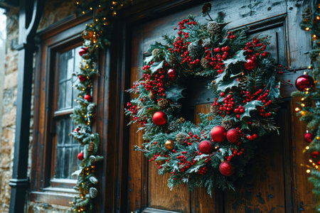 a close-up view of a door adorned with a Christmas wreath.の素材