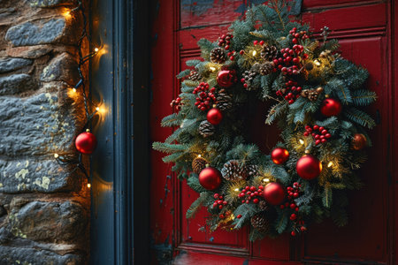 a close-up view of a door adorned with a Christmas wreath.の素材