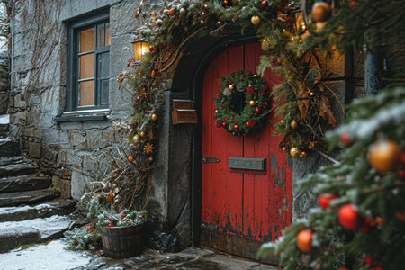 a close-up view of a door adorned with a Christmas wreath.の素材