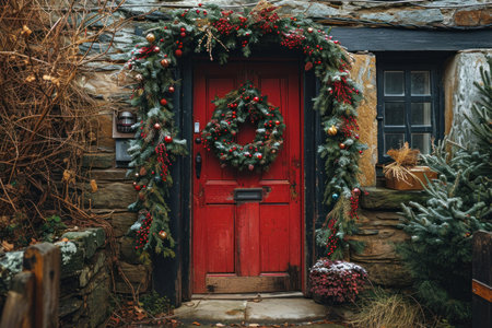 a close-up view of a door adorned with a Christmas wreath.の素材