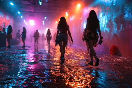 a lively scene with people immersed in the energetic atmosphere of a discotheque 80s -90s.の素材