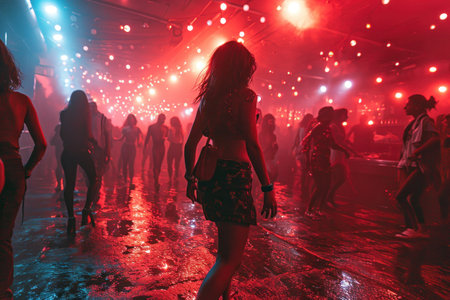 a lively scene with people immersed in the energetic atmosphere of a discotheque 80s -90s.の素材