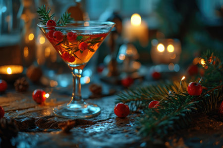 Picture a cozy winter setting with a stylish, frost-kissed cocktail glass in the center, Christmas party cocktails.の素材