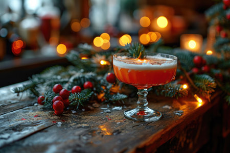Picture a cozy winter setting with a stylish, frost-kissed cocktail glass in the center, Christmas party cocktails.の素材