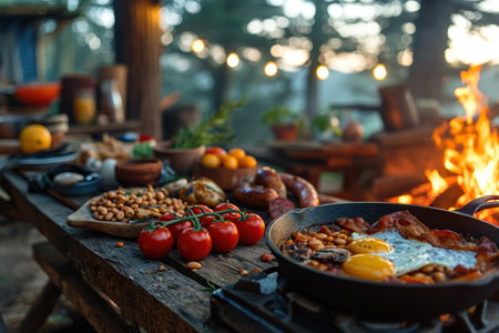 picture of english breakfast with eggs, tomatoes, bacon, beans, mushrooms and sausage.の素材