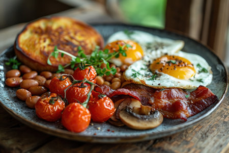 picture of english breakfast with eggs, tomatoes, bacon, beans, mushrooms and sausage.の素材